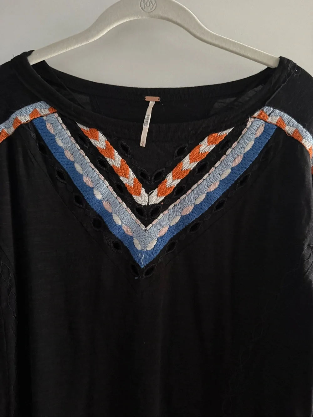 Free People Hand Me Down Boho Embroidered Top Balloon Sleeves Black Size Small